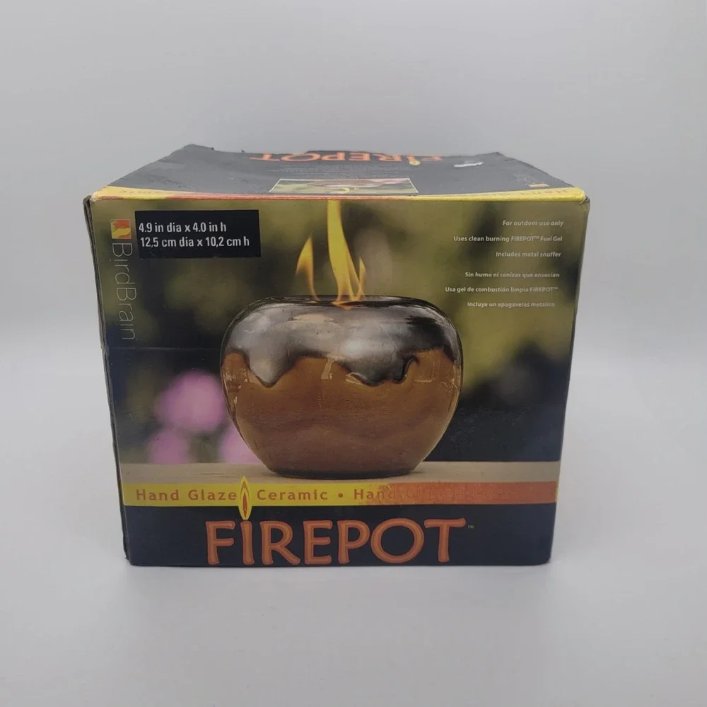 BirdBrain Firepot Hand Glazed Ceramic Outdoor Gel Fuel Fire Pot Brown Metallic